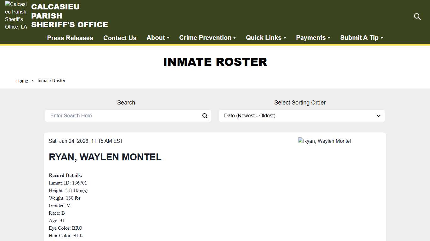Inmate Roster Calcasieu Parish Sheriff's Office, LA